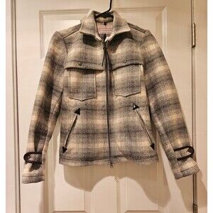 100% Premium Wool Jacket Coat Plaid Flannel Double Zipper Gray White Size Small
